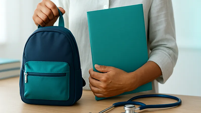 Foto de uma mãe segurando a mochila do filho e um relatório médico sobre a mesa da cozinha, com um estetoscópio ao lado.