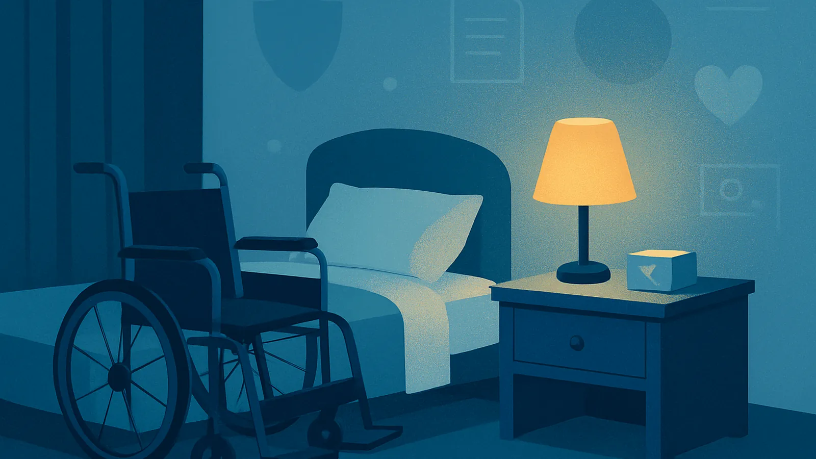 Ilustração de um quarto infantil ao entardecer, com uma cadeira de rodas ao lado da cama e uma caixinha de remédio fechada sobre a mesinha de cabeceira, transmitindo espera e esperança.