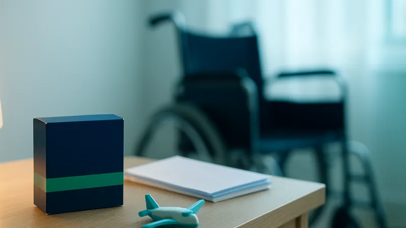 Foto de uma mesa de cabeceira com uma caixa de remédio fechada, um documento dobrado e um aviãozinho de brinquedo, com uma cadeira de rodas desfocada ao fundo.