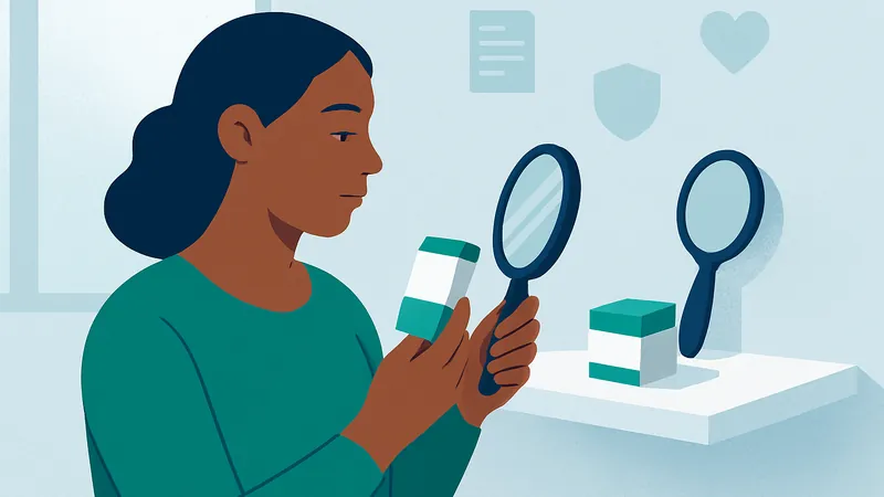 Ilustração de uma prateleira de banheiro com uma caixa de remédio e um pequeno espelho, iluminada pela luz suave da manhã, sugerindo o cuidado de conferir o medicamento antes de usar.