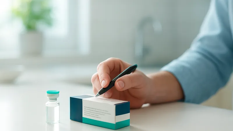 Foto de uma mão conferindo a caixa e o frasco de um medicamento sobre a bancada da cozinha, representando a checagem do lote do remédio.