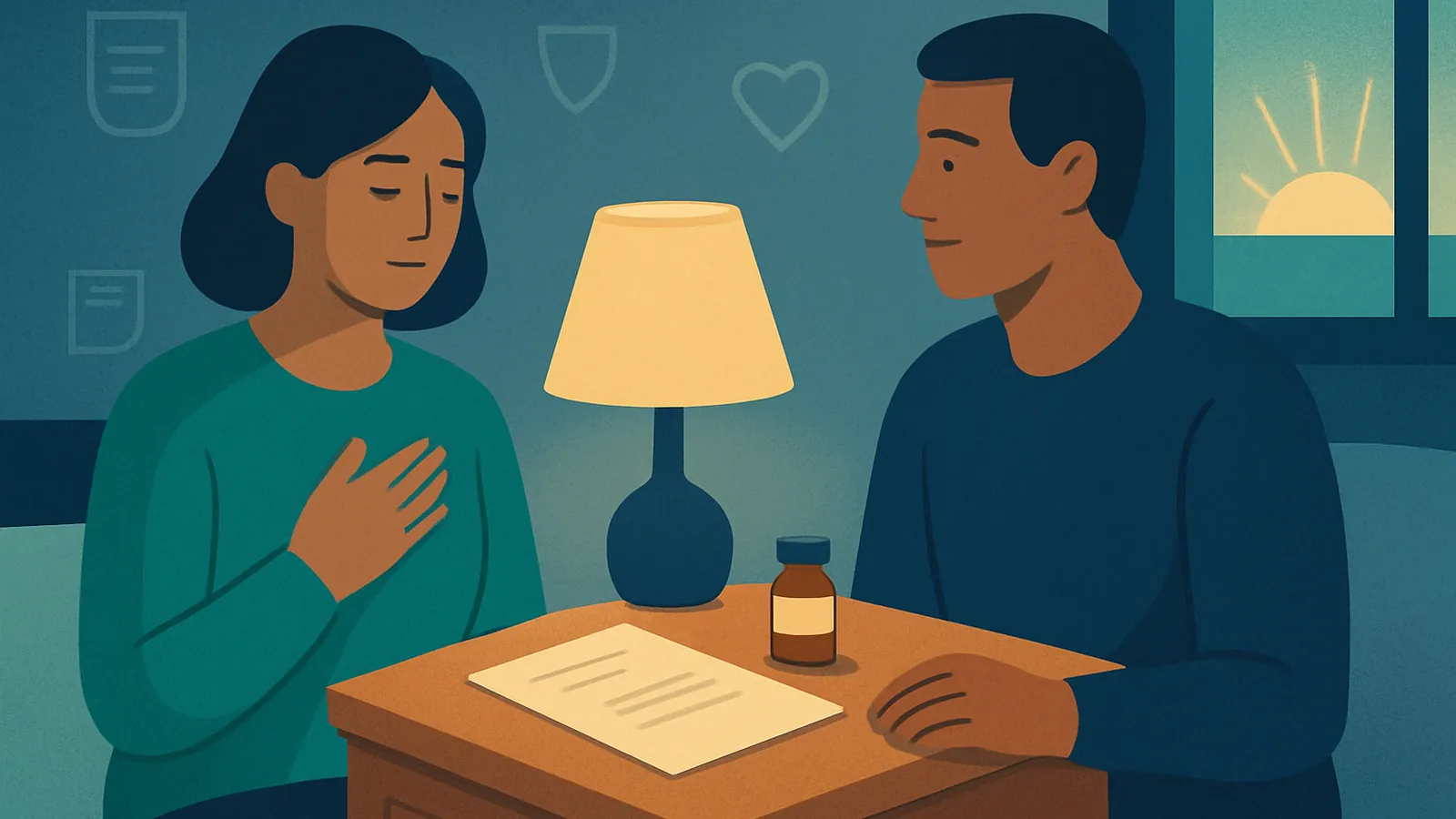 Ilustração de um frasco de medicamento e um documento oficial sobre uma mesinha de cabeceira, com a luz do amanhecer entrando pela janela, simbolizando esperança e acesso a um tratamento experimental.