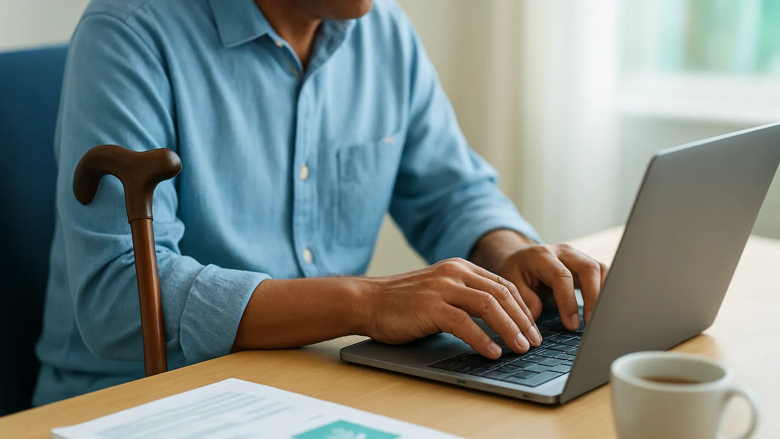 Foto de um homem digitando no notebook em casa, com uma bengala apoiada na cadeira ao lado.