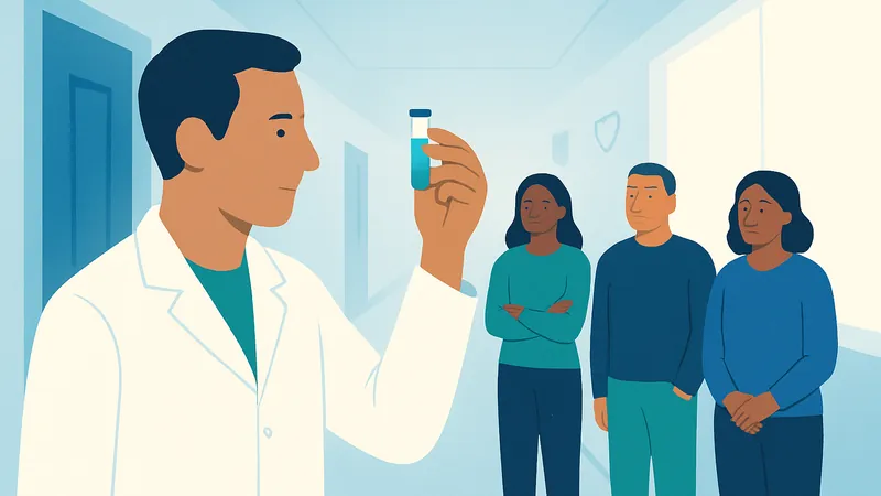Ilustração de um corredor de laboratório hospitalar iluminado, com uma pessoa de jaleco branco examinando um pequeno frasco, simbolizando o avanço no diagnóstico de doenças raras.
