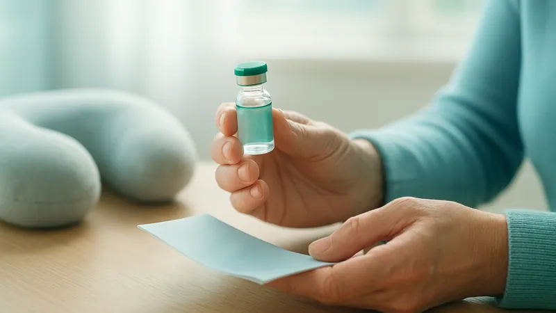 Foto de mãos de uma pessoa adulta segurando um frasco de medicamento e uma receita médica sobre a mesa, com um apoio para o pescoço ao lado.