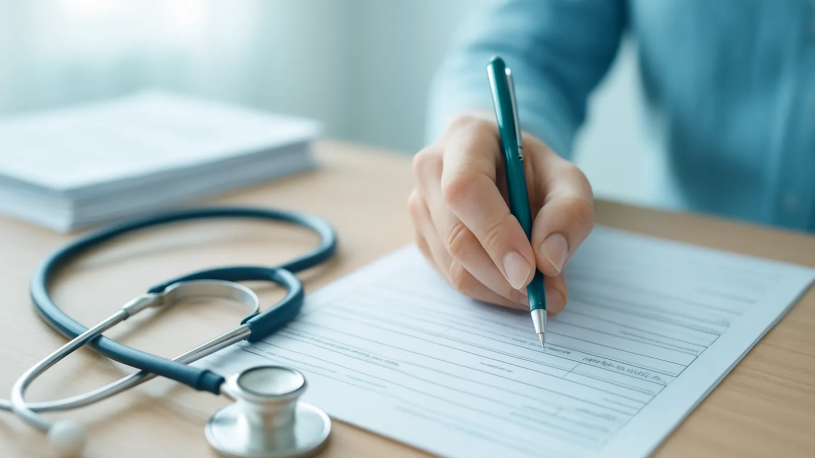 Foto de uma mão preenchendo um formulário médico sobre uma mesa, com exames e um estetoscópio ao lado.
