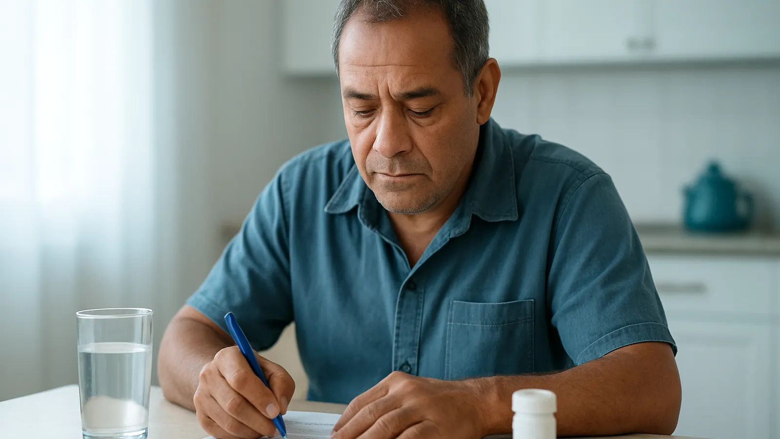 Foto de um homem adulto preenchendo um formulário de benefício na mesa da cozinha, com uma receita médica ao lado.