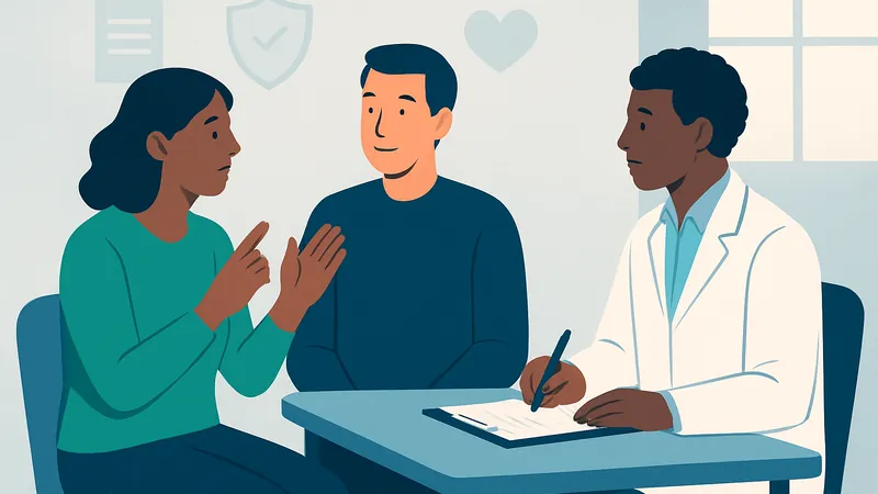 Ilustração de uma sala de perícia: uma pessoa se comunica em Libras com o apoio de uma intérprete, enquanto o médico perito anota do outro lado da mesa, com luz natural entrando pela janela.