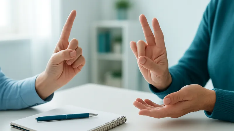 Foto de duas pessoas conversando em Libras, com foco nas mãos sobre a mesa de uma sala de atendimento clara.