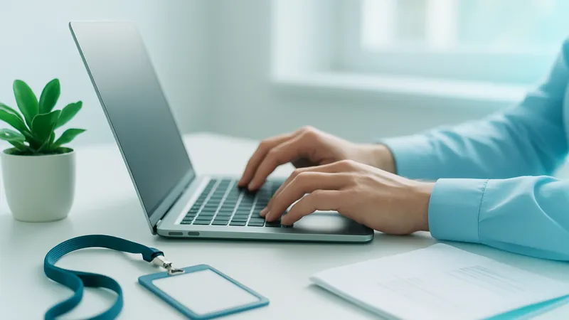 Foto de uma mesa de escritório com notebook, crachá e um atestado médico dobrado, com uma mão digitando, representando a rotina de trabalho com dignidade.