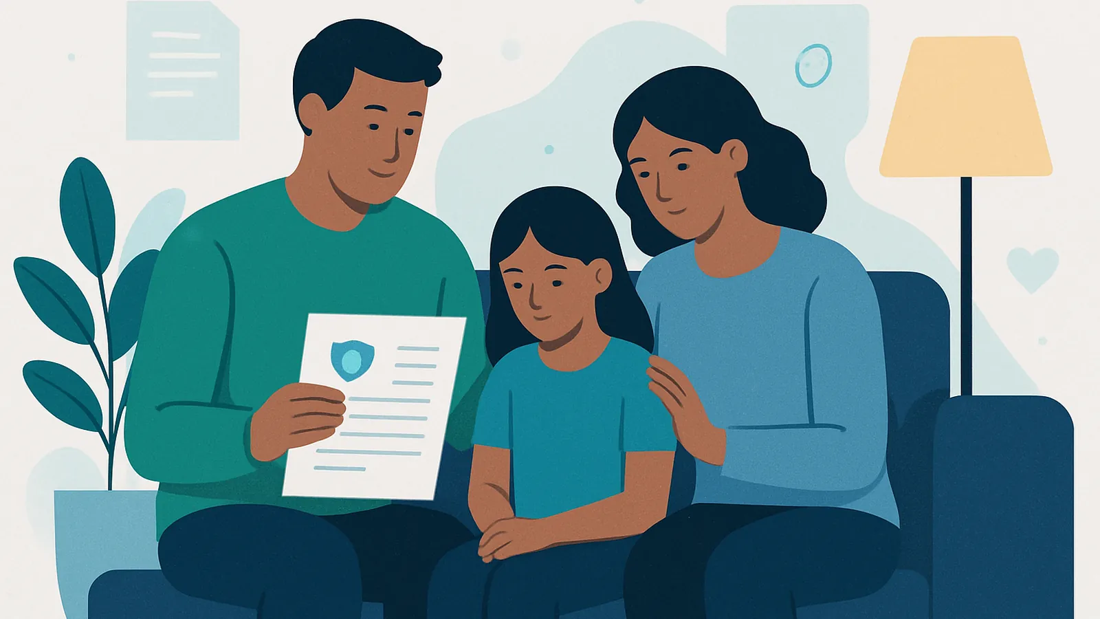 Ilustração de uma família reunida no sofá de casa: um dos pais segura uma carta do plano de saúde, enquanto o outro conforta a criança ao lado, em uma sala com luz aconchegante.