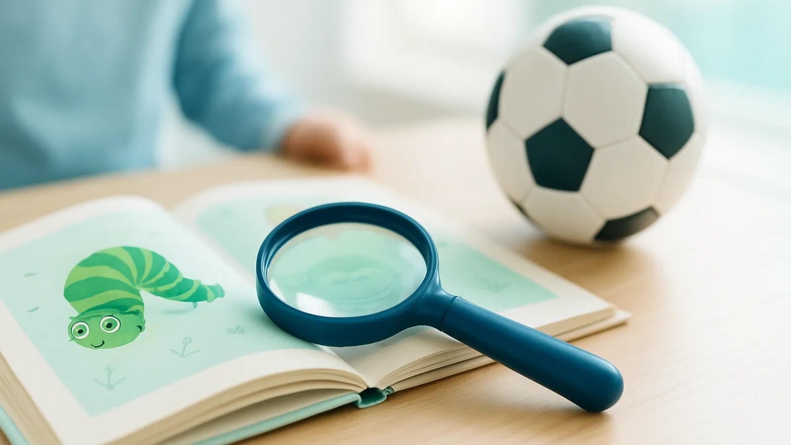 Foto de um livro infantil em letra ampliada e uma lupa de leitura sobre uma carteira escolar iluminada pelo sol, com uma bola de futebol ao lado.